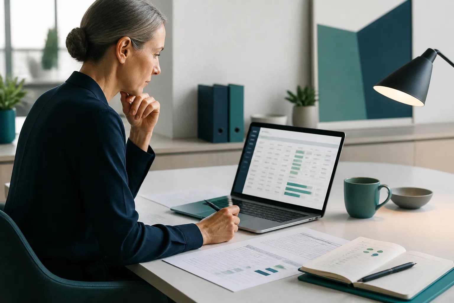A finance lead reviewing a spreadsheet export on a laptop beside printed booking lines and a notebook with marked account codes.