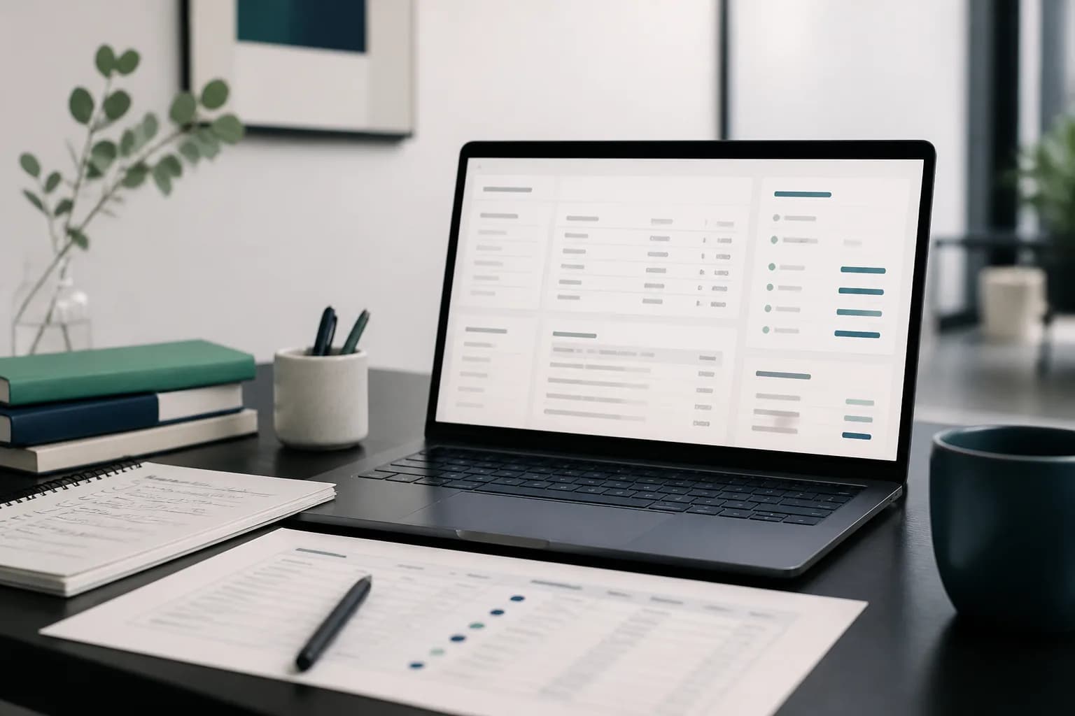 A finance team reviewing payout reports on a laptop screen beside printed reconciliation notes