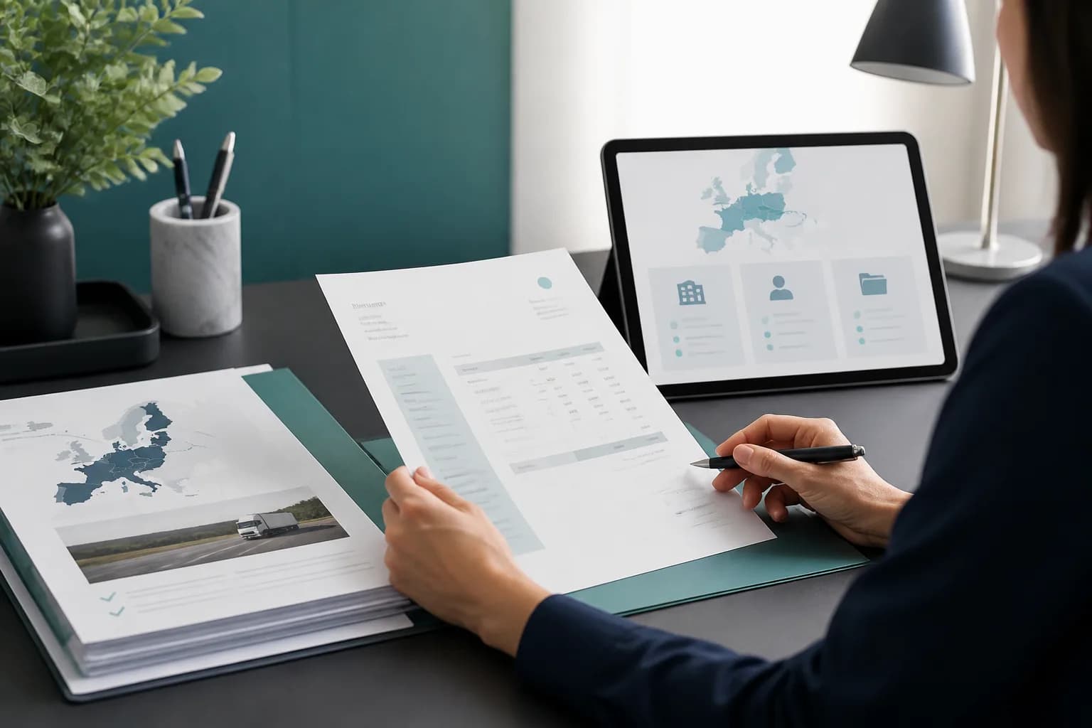 Finance lead reviewing shipment records, customer VAT ID details, and a cross-border invoice on a desk
