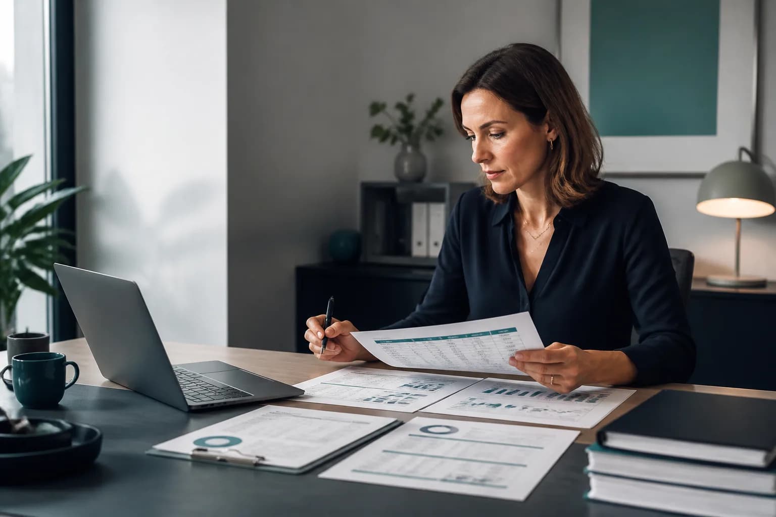A finance lead reviewing printed provider reports and a spreadsheet on a desk beside a laptop