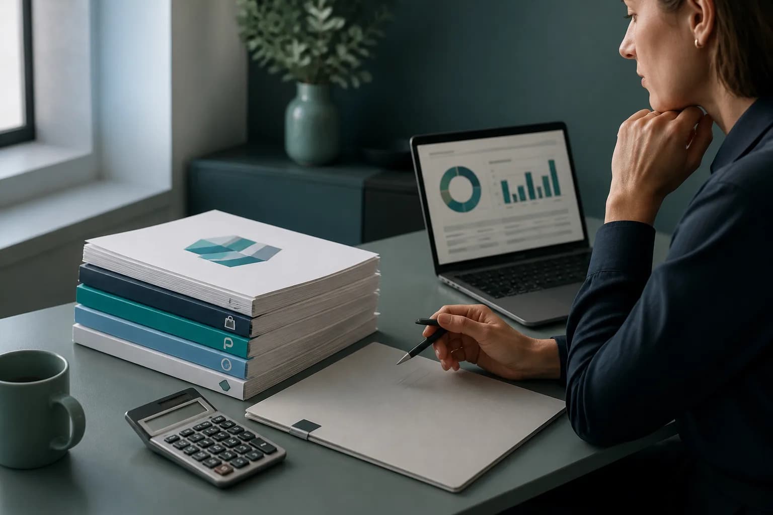 Finance lead reviewing stacked marketplace reports on a desk with laptop and calculator