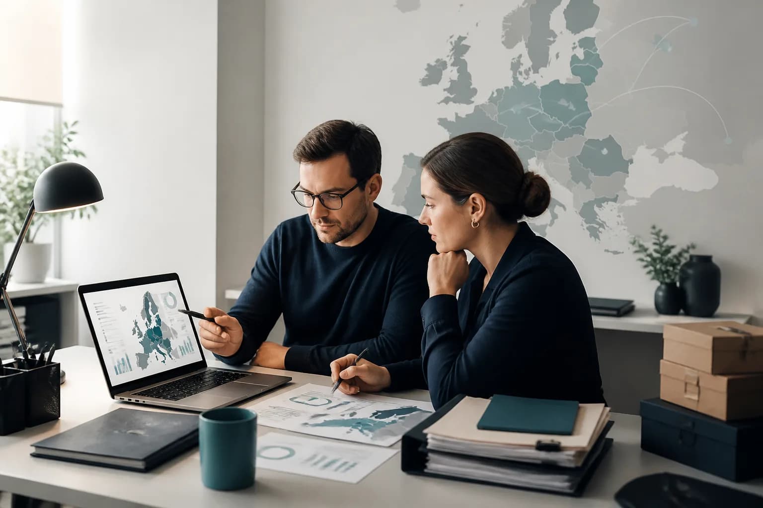 Ein Finanzteam prüft am Schreibtisch grenzüberschreitende Verkaufsdaten, Rechnungen und Versandunterlagen auf Laptop und Papierstapeln.